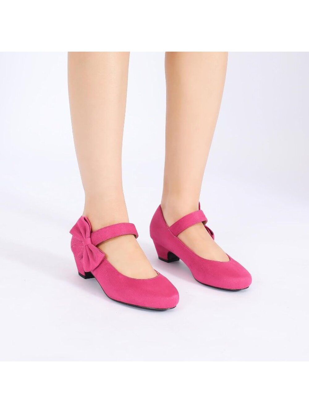 Women's Pink Suede Low Block Heel with Side Bowknot Round Toe Wedding Pump Shoes - Picture 3 of 7